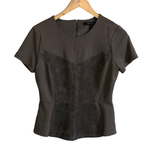 BCBGMAXAZRIA Denna Size S Dark Olive Green Short Sleeve Faux Suede Top
